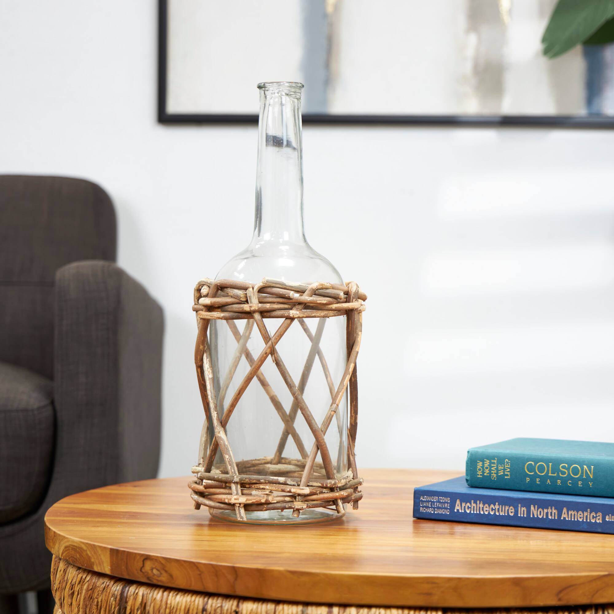 19" Clear Glass Handmade Vase with Brown Rattan Woven Lower Body